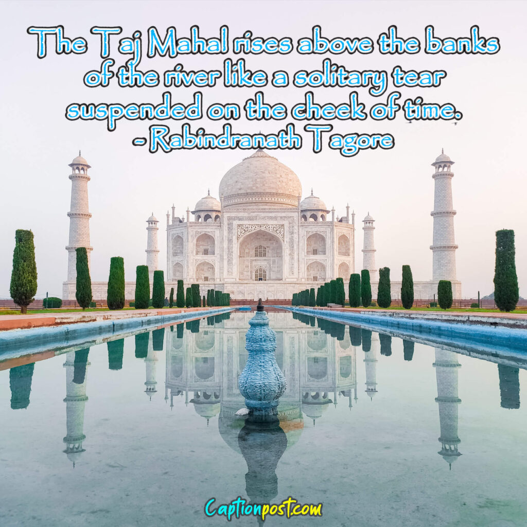 The Taj Mahal rises above the banks of the river like a solitary tear suspended on the cheek of time. - Rabindranath Tagore